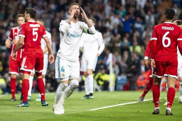 Real Madrid Sergio Ramos during Semi Finals UEFA Champions League match between Real Madrid and Bayern Munich at Santiago Bernabeu Stadium in Madrid, Spain. May 01, 2018.  (20180501020)