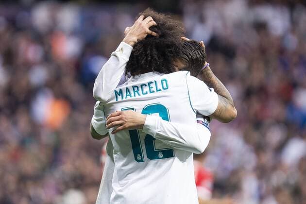 Real Madrid Marcelo and Mateo Kovacic celebraiting a goal during Semi Finals UEFA Champions League match between Real Madrid and Bayern Munich at Santiago Bernabeu Stadium in Madrid, Spain. May 01, 2018.  (20180501008)