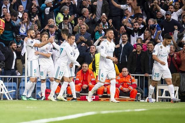 Real Madrid Karim Benzema, Luka Modric, Lucas Vazquez, Sergio Ramos and Marco Asensio celebrating a goal during Semi Finals UEFA Champions League match between Real Madrid and Bayern Munich at Santiago Bernabeu Stadium in Madrid, Spain. May 01, 2018.  (20180501009)