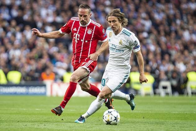 Real Madrid Luka Modric and Bayern Munich Franck Ribery during Semi Finals UEFA Champions League match between Real Madrid and Bayern Munich at Santiago Bernabeu Stadium in Madrid, Spain. May 01, 2018.  (20180501010)