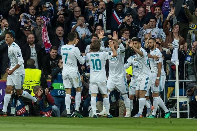 Madrid Spain 01 05 2018 UEFA Champions League 2017 18 Season Semi finals Semifinals Second leg Relegation Real Madrid FC Bayern Muenchen cheers for Karim Benzema Real Madrid after scoring the 1 1 DeFodi048