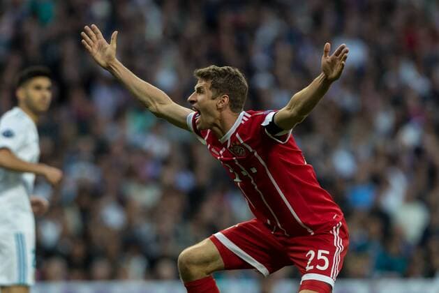 Madrid Spain 01 05 2018 UEFA Champions League 2017 18 Season Semi finals Semifinal Second leg Rally Real Madrid FC Bayern Munich Thomas Mueller FCB gestures DeFodi048