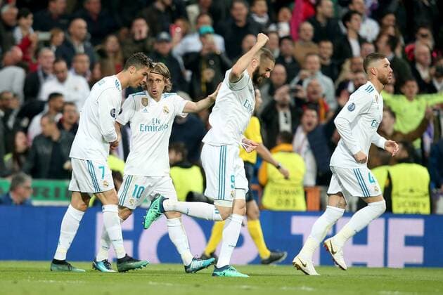 Christiano Ronaldo Real Madrid CF 7 Luka Modric Real Madrid CF 10 Karim Benzema Real Madrid CF 9 after 2 1 Real Madrid CF vs Bayern Munich Champions League Semifinals Soccer 01 05 2018 Real Madrid CF vs Bayern Munich Champions League Semi Finals Soccer 01 05 2018 Madrid Copyright: xLanger Eibner-Pressefotox EP_HLR