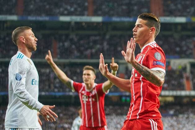 James RODRIGUEZ FCB 11 Goal scored the goal to score 2 2 Goal scored for the goal Sergio RAMOS Real Madrid 4 REAL MADRID FC BAVARIA MUENCHEN Semi-final Rueckspiel Football UEFA Champions League Madrid Spain 01 05 2018 CL Season 2017 2018 FCB