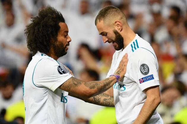 Real Madrid v Bayern Munich UEFA Champions League Semi-Final Karim Benzema of Real Madrid (right) celebrates with Marcelo after scoring their second goal to make it Real Madrid 2 FC Bayern Munich 1 during the UEFA Champions League Semi-Final match at the Estadio Santiago Bernabeu, Madrid Content Not Available For UK Newspapers Copyright: xKristianxKanex FIL-11726-0014