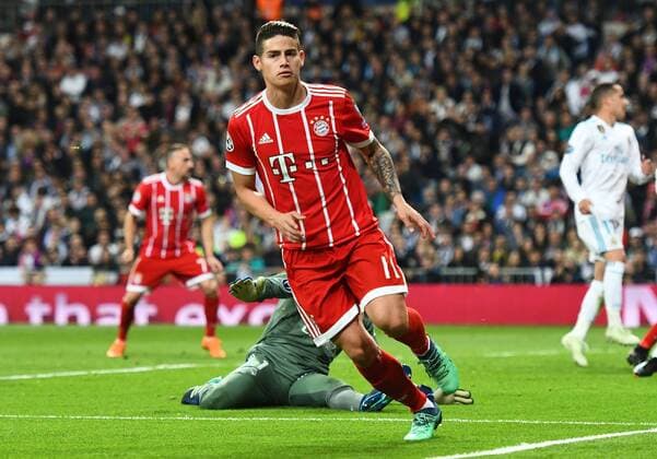 01 05 2018 xfux Football Champions League semi-finals Real Madrid Bayern Muenchen emspor v l James Rodriguez Bayern Munich celebrate the goal The goal scored to score scored the goal for 2 2 Madrid
