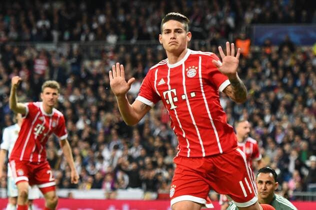 01 05 2018 xfux Football Champions League semi-finals Real Madrid Bayern Muenchen emspor v l James Rodriguez Bayern Munich celebrate the goal The goal scored to score scored the goal for 2 2 Madrid
