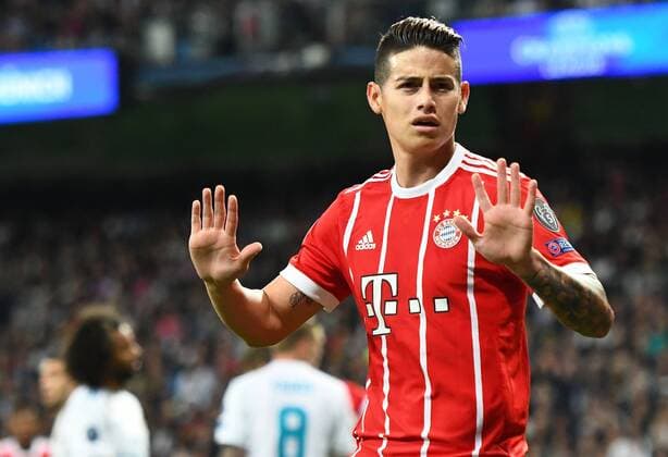 01 05 2018 xfux Football Champions League semi-finals Real Madrid Bayern Muenchen emspor v l James Rodriguez Bayern Munich celebrate the goal The goal celebration for 2 2 Madrid
