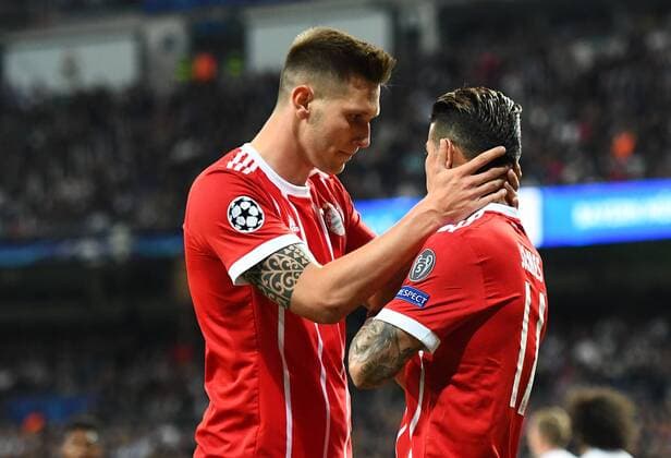 01 05 2018 xfux Football Champions League semi-finals Real Madrid FC Bayern Muenchen emspor v l Niklas Suele FC Bayern Munich James Rodriguez FC Bayern Munich celebrate the goal The goal celebrations for 2 2 Madrid