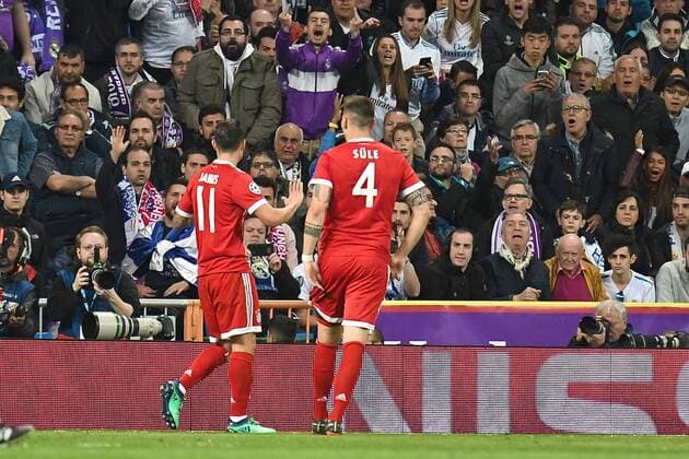 Real Madrid v Bayern Munich UEFA Champions League Semi-Final James Rodriguez of FC Bayern Munich celebrates in a subdued manner after scoring their second goal against his former club to make it Real Madrid 2 FC Bayern Munich 2 during the UEFA Champions League Semi-Final match at the Estadio Santiago Bernabeu, Madrid Content Not Available For UK Newspapers Copyright: xKristianxKanex FIL-11726-0019