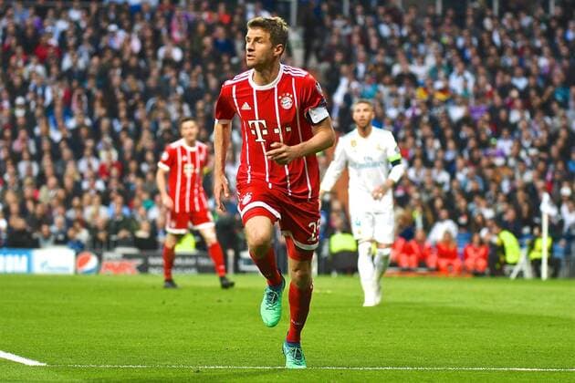 Real Madrid v Bayern Munich UEFA Champions League Semi-Final Thomas M?ller of FC Bayern Munich during the UEFA Champions League Semi-Final match at the Estadio Santiago Bernabeu, Madrid Content Not Available For UK Newspapers Copyright: xKristianxKanex FIL-11726-0021