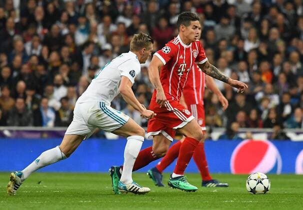01 05 2018 xfux Football Champions League semi-finals Real Madrid Bayern Muenchen emspor v Toni Kroos Real Madrid James Rodriguez Bayern Munich Muenchen