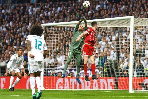 Real Madrid v Bayern Munich UEFA Champions League Semi-Final Real Madrid goalkeeper Keylor Navas punches clear under pressure from Robert Lewandowski of FC Bayern Munich during the UEFA Champions League Semi-Final match at the Estadio Santiago Bernabeu, Madrid Content Not Available For UK Newspapers Copyright: xKristianxKanex FIL-11726-0029