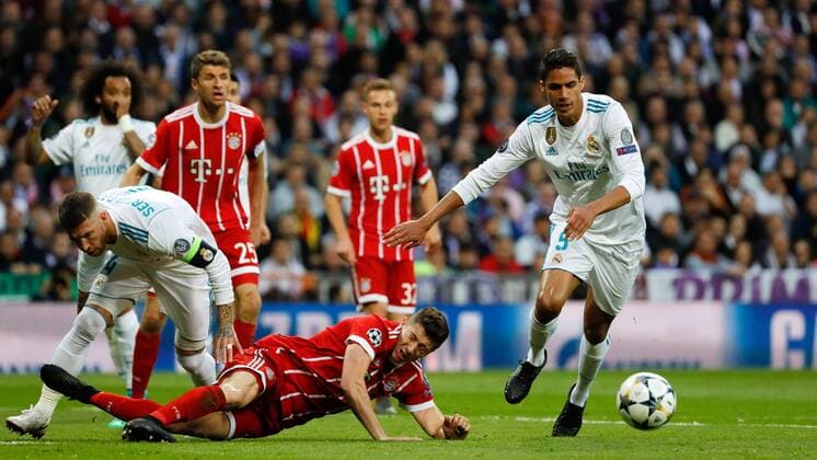 Madrid Spain 01 05 2018 UEFA Champions League 2017 18 Season Semi finals Semifinals Second leg Relegation Real Madrid FC Bayern Muenchen Sergio Ramos Real Madrid Robert Lewandowski FCB and Raphael Varane Real Madrid in action DeFodi523