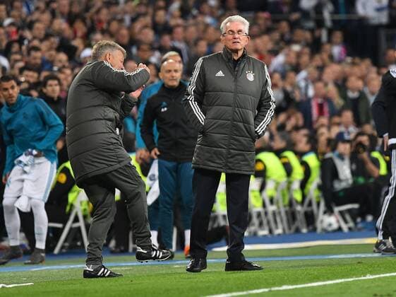 01 05 2018 xfux Football Champions League semi-finals Real Madrid Bayern Munich emspor v l Peter Hermann Co coach Bayern Munich Jupp Heynckes coach Bayern Munich disappointed disappointed looking dissapointed Madrid