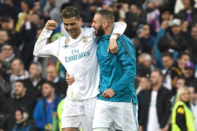 Real Madrid v Bayern Munich UEFA Champions League Semi-Final Cristiano Ronaldo of Real Madrid (left) celebrates at the final whistle with Karim Benzema after Real Madrid eliminate FC Bayern Munich to reach the Champions League final during the UEFA Champions League Semi-Final match at the Estadio Santiago Bernabeu, Madrid Content Not Available For UK Newspapers Copyright: xKristianxKanex FIL-11726-0045