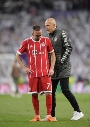 01 05 2018 Football UEFA Champions League 2017 2018 Semifinals Second leg Real Madrid FC Bayern Munich at Bernabeu Stadium Madrid Arjen Robben Bayern Munich and Franck Ribery FC Bayern Munich sad after the game