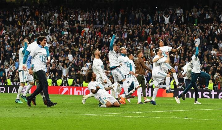 01 05 2018 xfux Football Champions League semi-finals Real Madrid FC Bayern Munich emspor v l Jesus Vallejo Real Madrid Marcelo Real Madrid Sergio Ramos Real Madrid and team cheering rejoices after the game Madrid