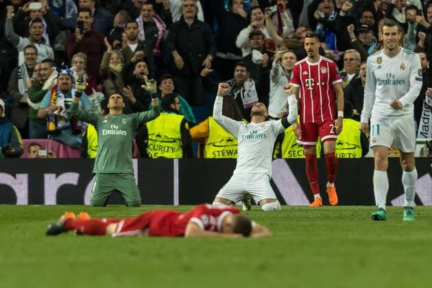 Madrid Spain 01 05 2018 UEFA Champions League 2017 18 Season Semi finals Semifinals Second leg Relegation Real Madrid FC Bayern Muenchen Keeper Keylor Navas Real Madrid and Sergio Ramos Real Madrid cheer for DeFodi048