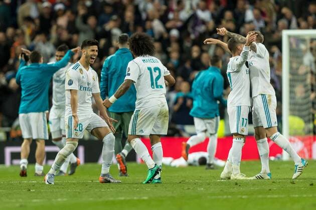 Madrid Spain 01 05 2018 UEFA Champions League 2017 18 Season Semi finals Semifinals Second leg Relegation Real Madrid FC Bayern Munich Marco Asensio Real Madrid and Marcelo cheer for the game DeFodi048