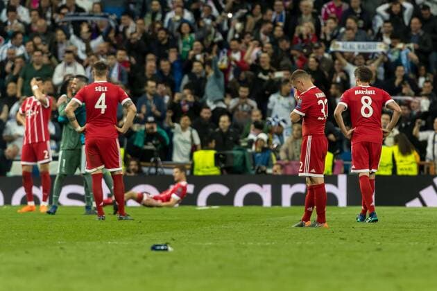Madrid Spain 01 05 2018 UEFA Champions League 2017 18 Season Semi finals Semifinals Second leg Relegation Real Madrid FC Bayern Munich Niklas Suele FCB Joshua Kimmich FCB and Javi Martinez FCB disappointed after the match DeFodi048