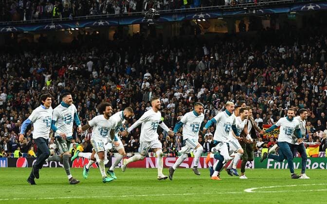 01 05 2018 xfux Football Champions League semi-finals Real Madrid FC Bayern Munich emspor v l Jesus Vallejo Real Madrid Marcelo Real Madrid Sergio Ramos Real Madrid and team cheering rejoices after the game Madrid