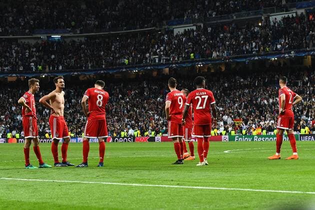 01 05 2018 xfux Football Champions League semi-finals Real Madrid Bayern Muenchen emspor v Mueller Munich Mats Hummels Bayern Munich Javi Martinez Bayern Munich Robert Lewandowski Bayern Munich David Alaba Bayern Munich Sandro Wagner Bayern Munich disappointed disappointed looking dissapointed Madrid