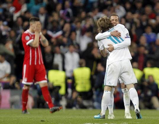 Soccer match between Real Madrid and Bayern Munich, second leg of semi finals of the Champions League 2017 2018, held at the Santiago Bernabeu stadium, in Madrid. (Photo: Jose Cuesta 261 Cordon Press). Real Madrid players celebrate the classification to the final.  xJosexLuisxCuestax xx