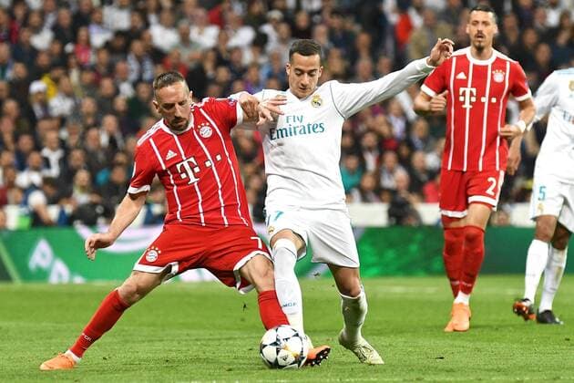 Real Madrid v Bayern Munich UEFA Champions League Semi-Final Franck Ribery of FC Bayern Munich (left) and Lucas Vazquez of Real Madrid (right) during the UEFA Champions League Semi-Final match at the Estadio Santiago Bernabeu, Madrid Content Not Available For UK Newspapers Copyright: xKristianxKanex FIL-11726-0050