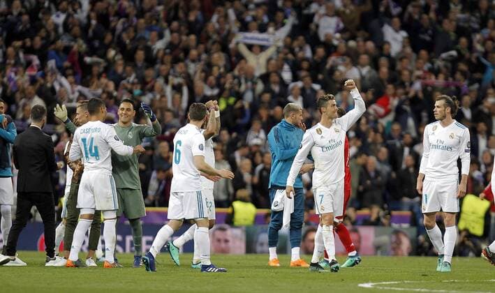 Soccer match between Real Madrid and Bayern Munich, second leg of semi finals of the Champions League 2017 2018, held at the Santiago Bernabeu stadium, in Madrid. (Photo: Jose Cuesta 261 Cordon Press). Real Madrid players celebrate the classification to the final.  xJosexLuisxCuestax xx