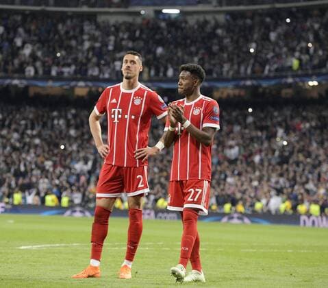 01 05 2018 Football UEFA Champions League 2017 2018 Semifinal Second leg Real Madrid FC Bayern Munich at the Bernabeu Stadium Madrid Frustration after leaving the Champions League v li Sandro Wagner FC Bayern Munich David Alaba FC Bayern Munich