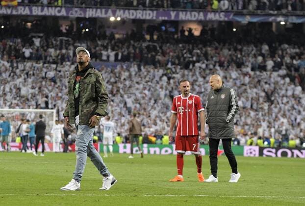 01 05 2018 Football UEFA Champions League 2017 2018 Semifinals Second leg Real Madrid FC Bayern Munich at the Bernabeu Stadium Madrid Frustration after leaving the Champions League v left Jerome Boateng FC Bayern Munich Franck Ribery FC Bayern Munich Arjen Robben FC Bayern Munich