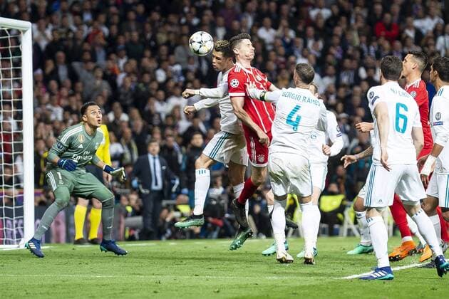 Real Madrid Keylor Navas and Cristiano Ronaldo and Bayern Munich Robert Lewandowski during Semi Finals UEFA Champions League match between Real Madrid and Bayern Munich at Santiago Bernabeu Stadium in Madrid, Spain. May 01, 2018.  (20180501044)