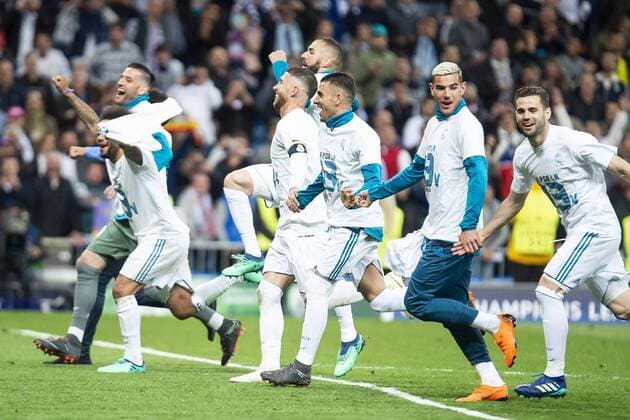 Real Madrid Kiko Casilla, Marcelo, Karim Benzema, Sergio Ramos, Dani Ceballos, Theo Hernandez and Nacho Fernandez during Semi Finals UEFA Champions League match between Real Madrid and Bayern Munich at Santiago Bernabeu Stadium in Madrid, Spain. May 01, 2018.  (20180501054)