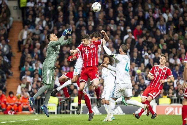 Real Madrid Keylor Navas, Raphael Varane and Sergio Ramos and Bayern Munich Robert Lewandowski during Semi Finals UEFA Champions League match between Real Madrid and Bayern Munich at Santiago Bernabeu Stadium in Madrid, Spain. May 01, 2018.  (20180501036)