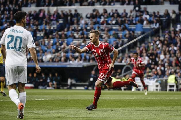 1st May 2018, Santiago Bernabeu, Madrid, Spain; UEFA Champions League football, semi final, 2nd leg, Real Madrid versus Bayern Munich; Joshua Kimmich (Mun) celebrates his goal which made it 0-1  ActionPlus12018757