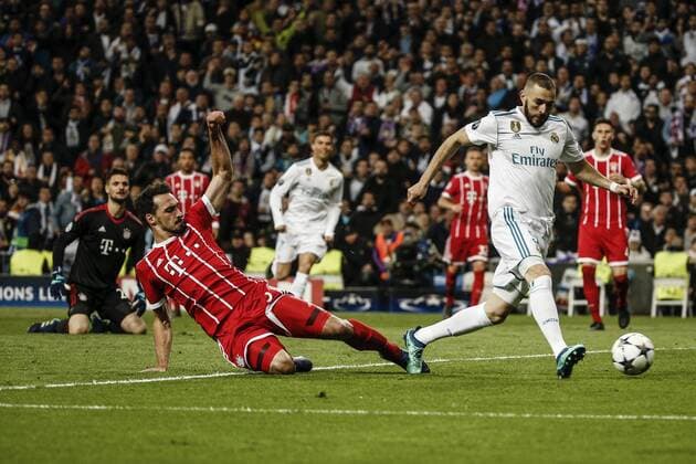 1st May 2018, Santiago Bernabeu, Madrid, Spain; UEFA Champions League football, semi final, 2nd leg, Real Madrid versus Bayern Munich; Karim Benzema (Real Madrid) scores to make it 2-1  ActionPlus12018779