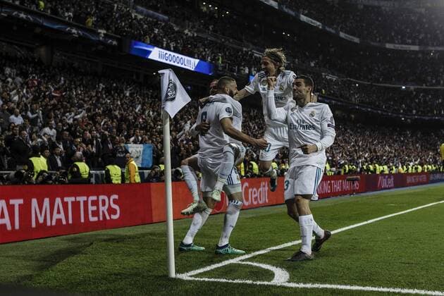 1st May 2018, Santiago Bernabeu, Madrid, Spain; UEFA Champions League football, semi final, 2nd leg, Real Madrid versus Bayern Munich; Karim Benzema (Real Madrid) celebrates his goal which made it 2-1  ActionPlus12018780