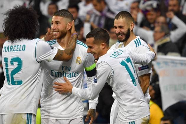 Collective goal celebrations Karim Benzema re Real Madrid after goal to 2 1 with Lucas VAZQUEZ Real Madrid Sergio Ramos Real Madrid Marcelo da Silva Junior Real Madrid Cheers Joy Excitement Action Football Champions League Semifinals Real Madrid FC Bayern Muenchen 2 2 am 01 05 2018 E S T A D I O S A N A G A B E R N A B E U