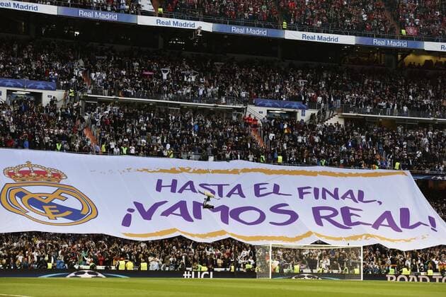 (180502) -- MADRID, May 2, 2018 -- Real Madrid s fans hold a huge flag which says till the end, Let s go Real before a UEFA Champions League semifinal second leg soccer match between?Spanish team Real Madrid and German team Bayern Munchen in Madrid, Spain, on May 1, 2018. The match ended 2-2. Real Madrid advanced to the final with 4-3 on aggregate. ) (SP)SPAIN-MADRID-SOCCER-UEFA CHAMPIONS LEAGUE-BAYERN MUNICH VS REAL MADRID GuoxQiuda 