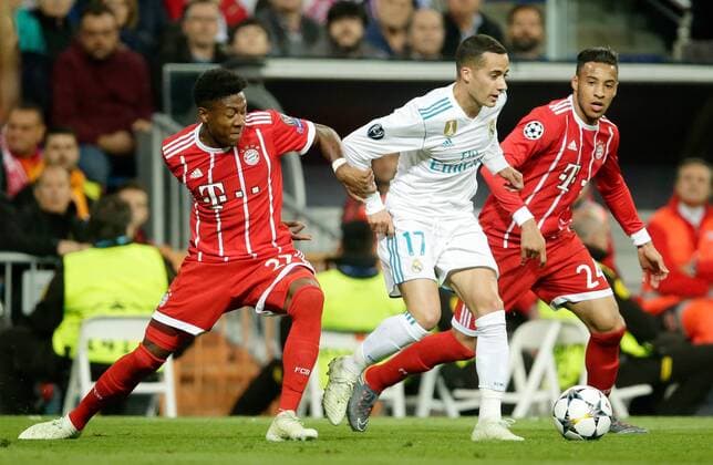 FOOTBALL CHAMPIONS LEAGUE SEASON 2017 2018 SEMI-FINAL RUECKSPIEL Real Madrid FC Bayern Muenchen 01 05 2018 David Alaba Li FC Bayern Munich vs Lucas Vazquez Center Real Madrid and Corentin Tolisso re FC Bayern Munich Madrid