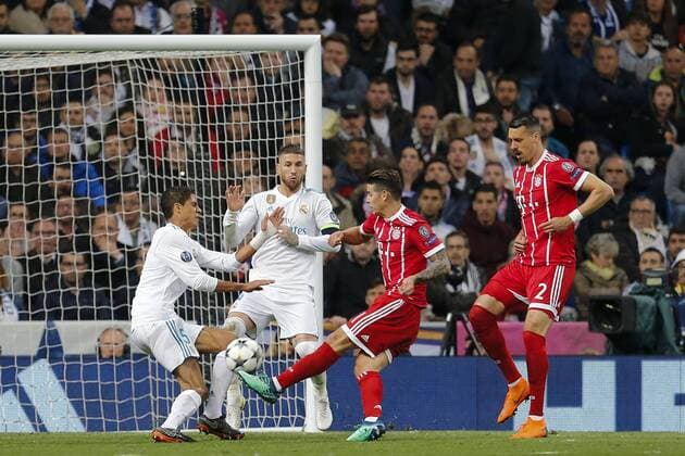 Raphael Varane Sergio Ramos James Rodriguez and Sandro Wagner in the UEFA Champions League semi-final match Real Madrid against Bayern Munich 2 2 at the Estadio Santiago Bernabeu Madrid 01 05 2018  Foto:xDyDxFotografosx xFuturexImage