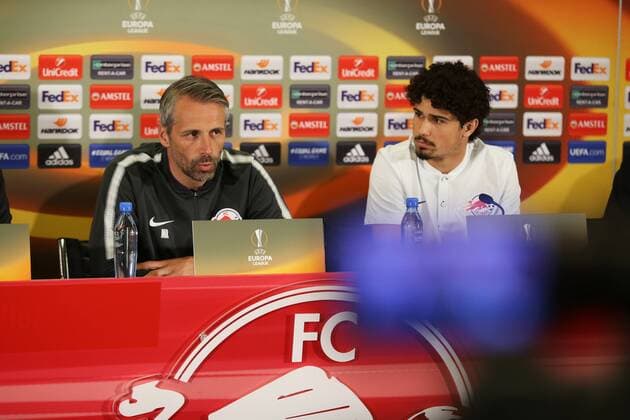 SOCCER - EL, RBS vs Marseille SALZBURG,AUSTRIA,02.MAY.18 - SOCCER - UEFA Europa League, semifinal, Red Bull Salzburg vs Olympique de Marseille, preview, press conference PK Pressekonferenz RBS. Image shows head coach Marco Rose and Andre Ramalho (RBS). GEPAxpictures xMathiasxMandl