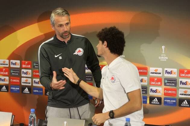 SOCCER - EL, RBS vs Marseille SALZBURG,AUSTRIA,02.MAY.18 - SOCCER - UEFA Europa League, semifinal, Red Bull Salzburg vs Olympique de Marseille, preview, press conference PK Pressekonferenz RBS. Image shows head coach Marco Rose and Andre Ramalho (RBS). GEPAxpictures xMathiasxMandl