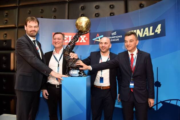 Representatives of the semi-final opponents Paris Saint Germain Handball FRA l HBC Nantes FRA HC Vardar MKD and Montpellier HB FRA l r pose on 02 05 2018 in Cologne at the draw of the Handball Champions League semi-finals VELUX EHF FINAL4 2017 taking place in Cologne on 26 and 27 May