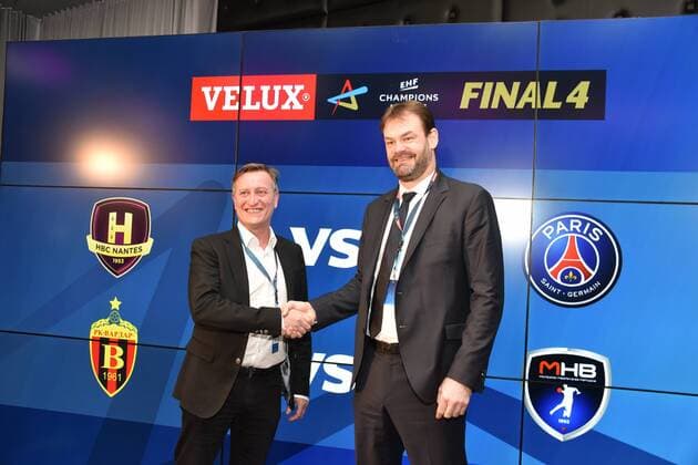 Representatives of the semi-final opponents of HBC Nantes FRA vs Paris Saint Germain Handball FRA l r posing on 02 05 2018 in Cologne at the draw of the Handball Champions League semi-final VELUX EHF FINAL4 2017 taking place on 26 and 27 May in Cologne