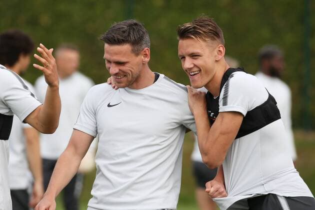 SOCCER - EL, RBS vs Marseille SALZBURG,AUSTRIA,02.MAY.18 - SOCCER - UEFA Europa League, semifinal, Red Bull Salzburg vs Olympique de Marseille, preview, final training RBS. Image shows Christoph Leitgeb and Hannes Wolf (RBS). GEPAxpictures xMathiasxMandl