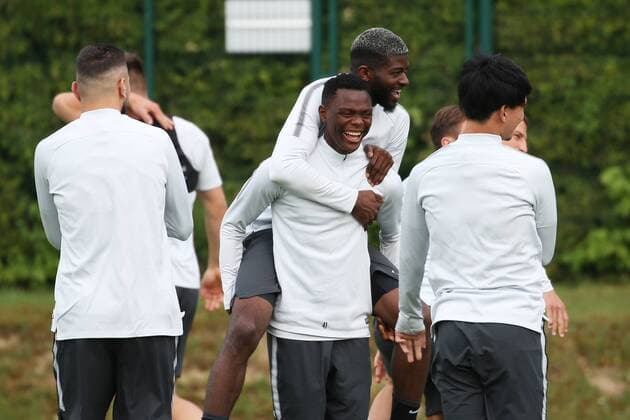 SOCCER - EL, RBS vs Marseille SALZBURG,AUSTRIA,02.MAY.18 - SOCCER - UEFA Europa League, semifinal, Red Bull Salzburg vs Olympique de Marseille, preview, final training RBS. Image shows Patson Daka and Jerome Onguene (RBS). GEPAxpictures xMathiasxMandl
