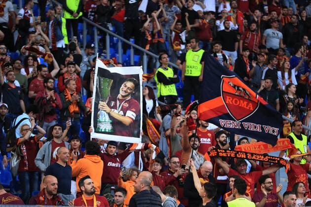 2nd May 2018, Stadio Olimpico, Rome, Italy; UEFA Champions League football, semi final, 2nd leg, AS Roma versus Liverpool; Roma fans hold up a picture of club legend Totti  ActionPlus12018926