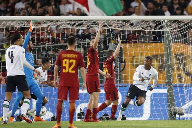 ROME, 02-04-2018 , Stadium Olimpico , season 2017 2018 , Champions League semi final second leg. Liverpool-player (5) Georginio Wijnaldumscores and celebrates 1-2. during the game AS Roma - Liverpool AS Roma - Liverpool  x2162055x